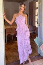 Trendy A Line Halter Neck Pink Long Prom Dress with Ruffles