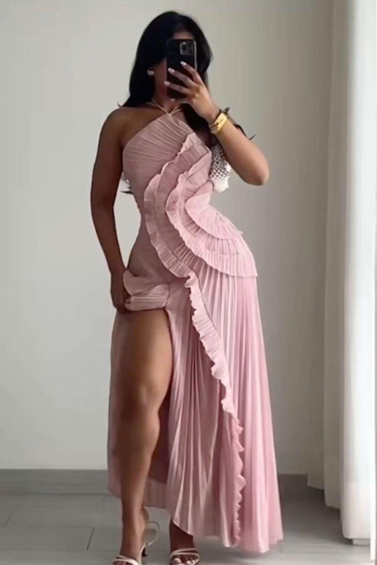 Trendy A Line Halter Neck Pink Long Prom Dress with Ruffles