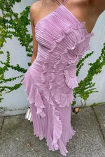 Trendy A Line Halter Neck Pink Long Prom Dress with Ruffles