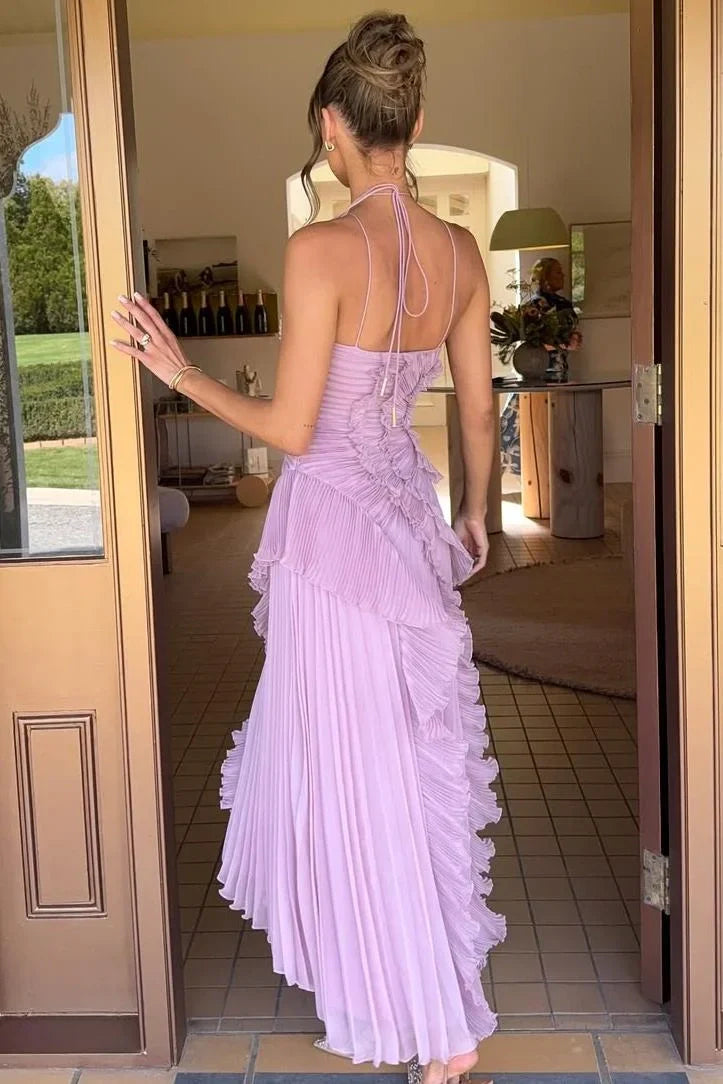 Trendy A Line Halter Neck Pink Long Prom Dress with Ruffles