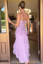 Trendy A Line Halter Neck Pink Long Prom Dress with Ruffles