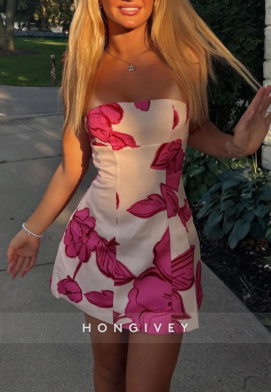 Trendy A-Line Strapless Pink Printed Short Homecoming Dress
