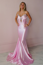 Trendy Mermaid Spaghetti Straps Keyhole Pink Long Prom Dress with Beading
