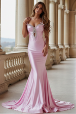 Trendy Mermaid Spaghetti Straps Keyhole Pink Long Prom Dress with Beading