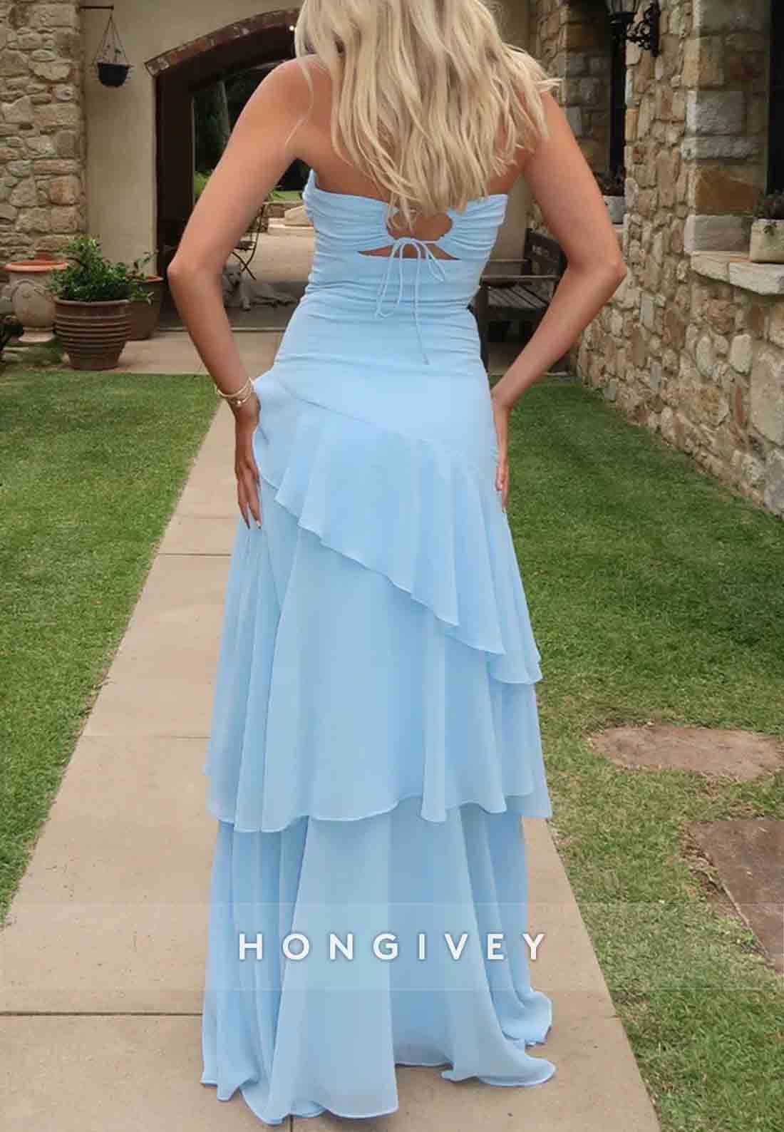 Trendy Sweetheart Light Blue Column Long Prom Dress with Ruffles Keyholes