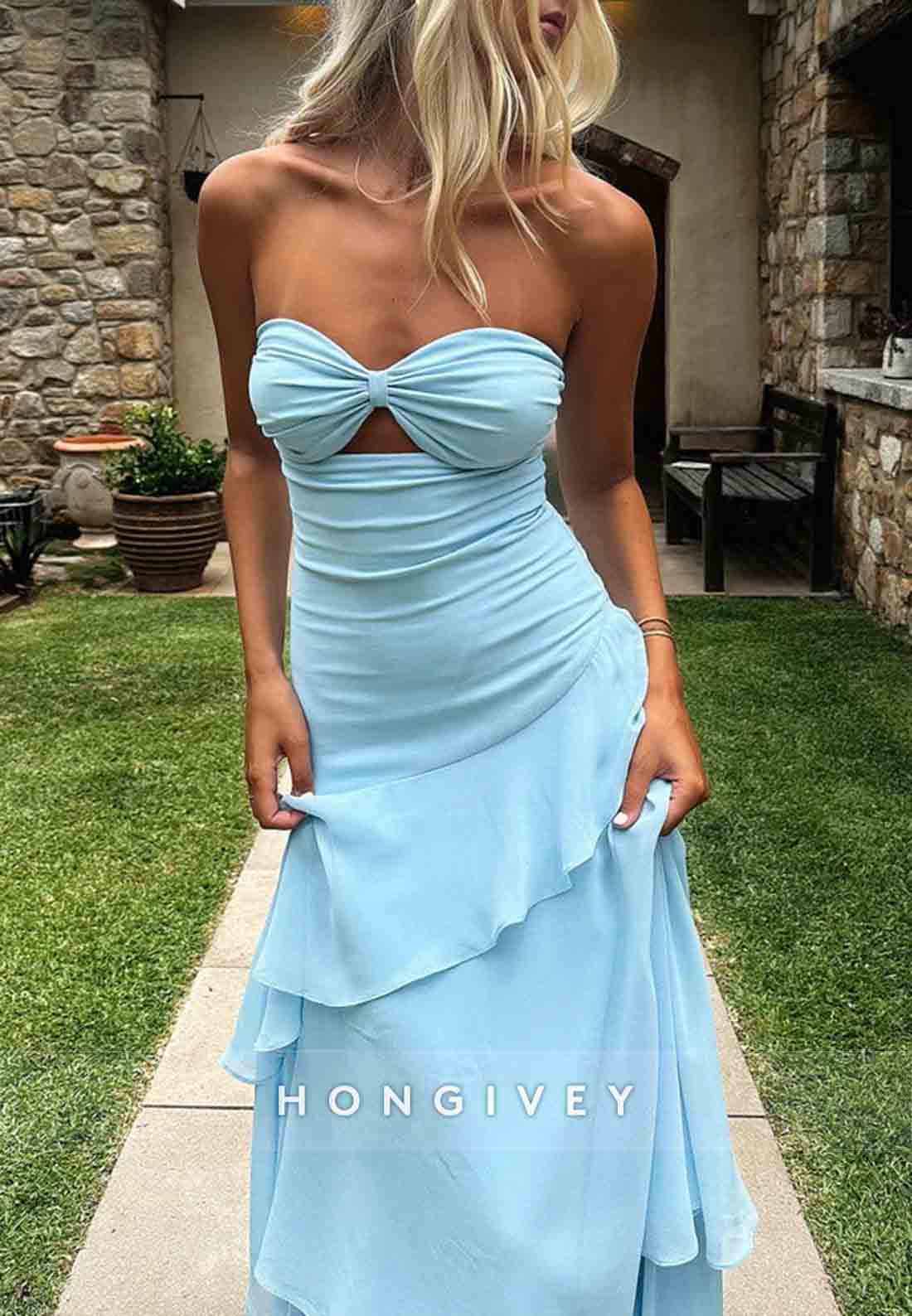 Trendy Sweetheart Light Blue Column Long Prom Dress with Ruffles Keyholes