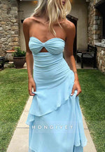 Trendy Sweetheart Light Blue Column Long Prom Dress with Ruffles Keyholes