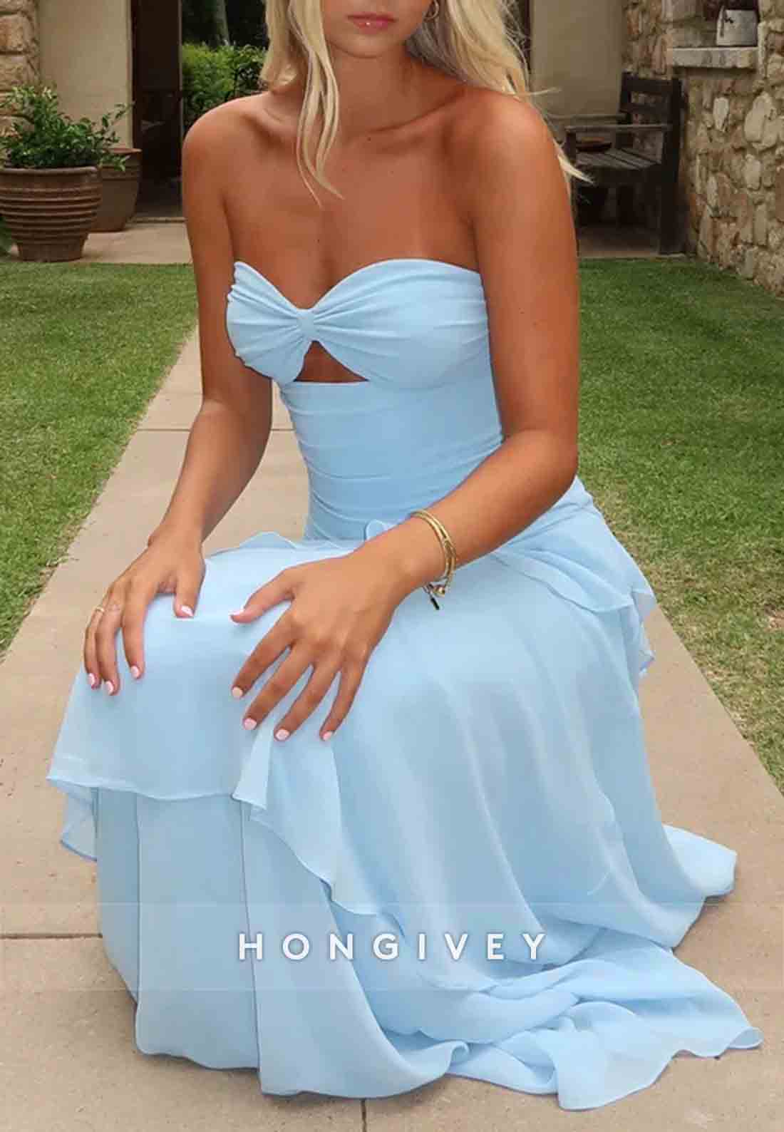 Trendy Sweetheart Light Blue Column Long Prom Dress with Ruffles Keyholes
