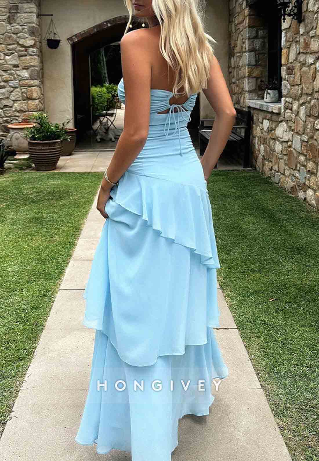 Trendy Sweetheart Light Blue Column Long Prom Dress with Ruffles Keyholes