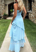 Trendy Sweetheart Light Blue Column Long Prom Dress with Ruffles Keyholes