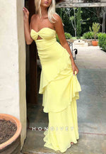 Trendy Sweetheart Light Blue Column Long Prom Dress with Ruffles Keyholes