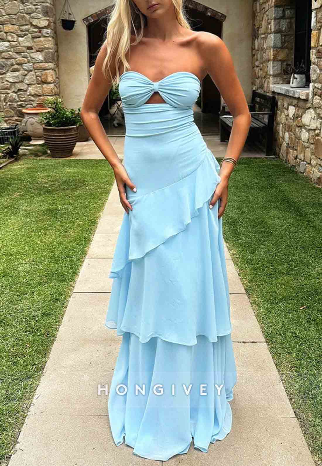 Trendy Sweetheart Light Blue Column Long Prom Dress with Ruffles Keyholes