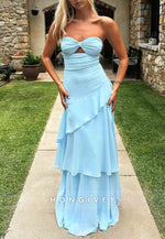 Trendy Sweetheart Light Blue Column Long Prom Dress with Ruffles Keyholes