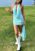 Trendy Sheath Halter Cowl Neck Blue Short Homecoming Dress with Backless