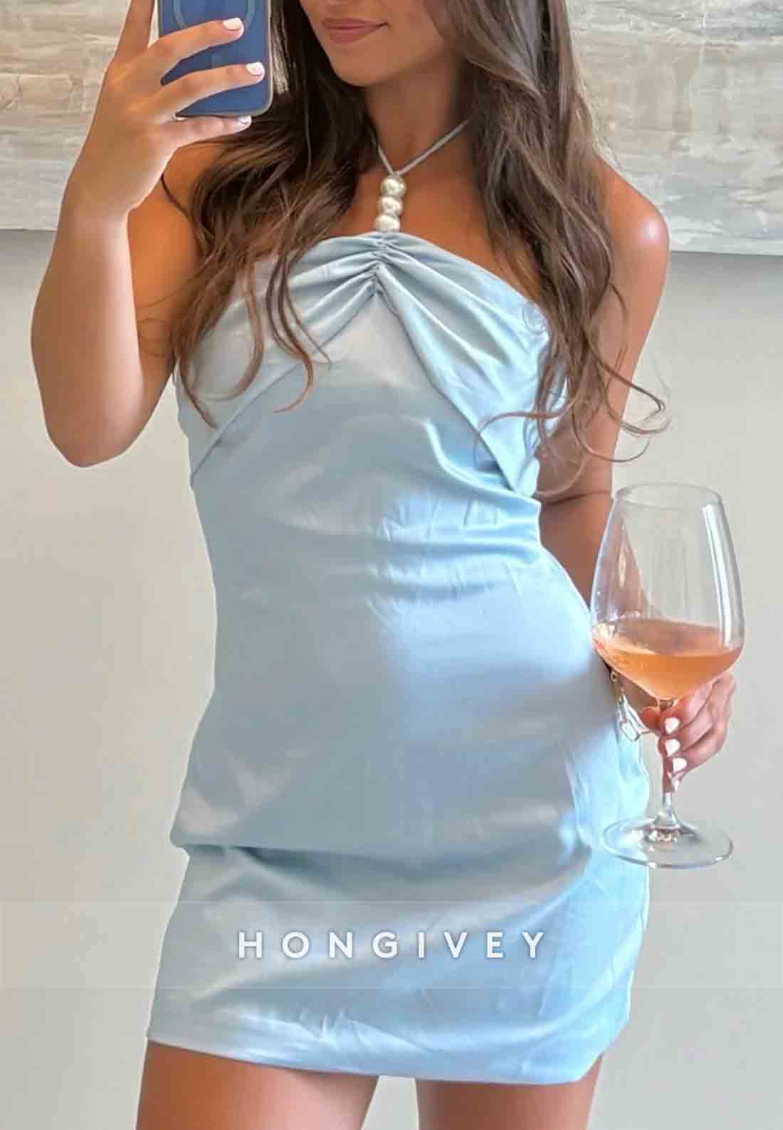 Trendy Sheath Halter Neck Light Blue Short Homecoming Dress with Pearl