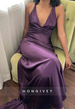 Trendy Halter V-Neck Column Neck Long Party Dress with Open Back Bowknot