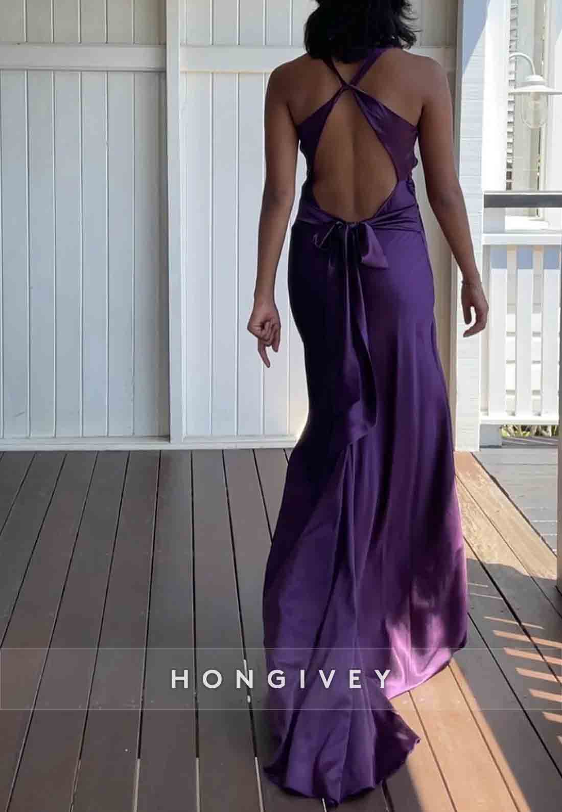 Trendy Halter V-Neck Column Neck Long Party Dress with Open Back Bowknot