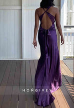 Trendy Halter V-Neck Column Neck Long Party Dress with Open Back Bowknot