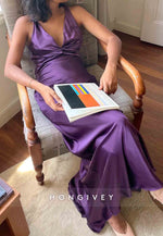 Trendy Halter V-Neck Column Neck Long Party Dress with Open Back Bowknot