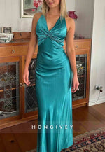 Trendy Halter V-Neck Column Neck Long Party Dress with Open Back Bowknot