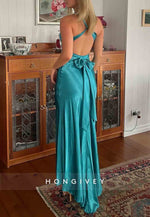 Trendy Halter V-Neck Column Neck Long Party Dress with Open Back Bowknot