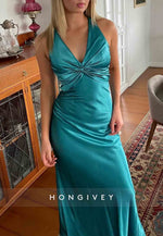 Trendy Halter V-Neck Column Neck Long Party Dress with Open Back Bowknot