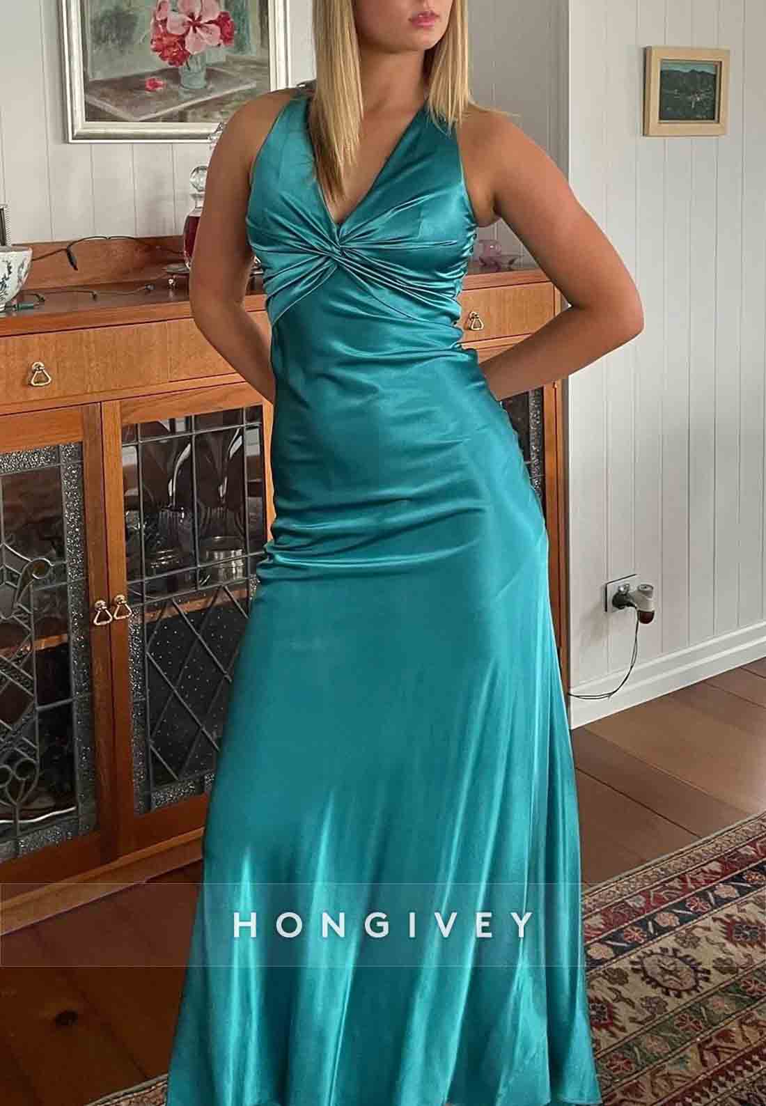 Trendy Halter V-Neck Column Neck Long Party Dress with Open Back Bowknot