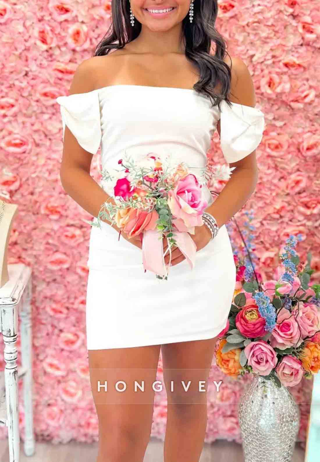 Trendy Sheath Off the Shoulder White Short Homecoming Dress with Bowknot