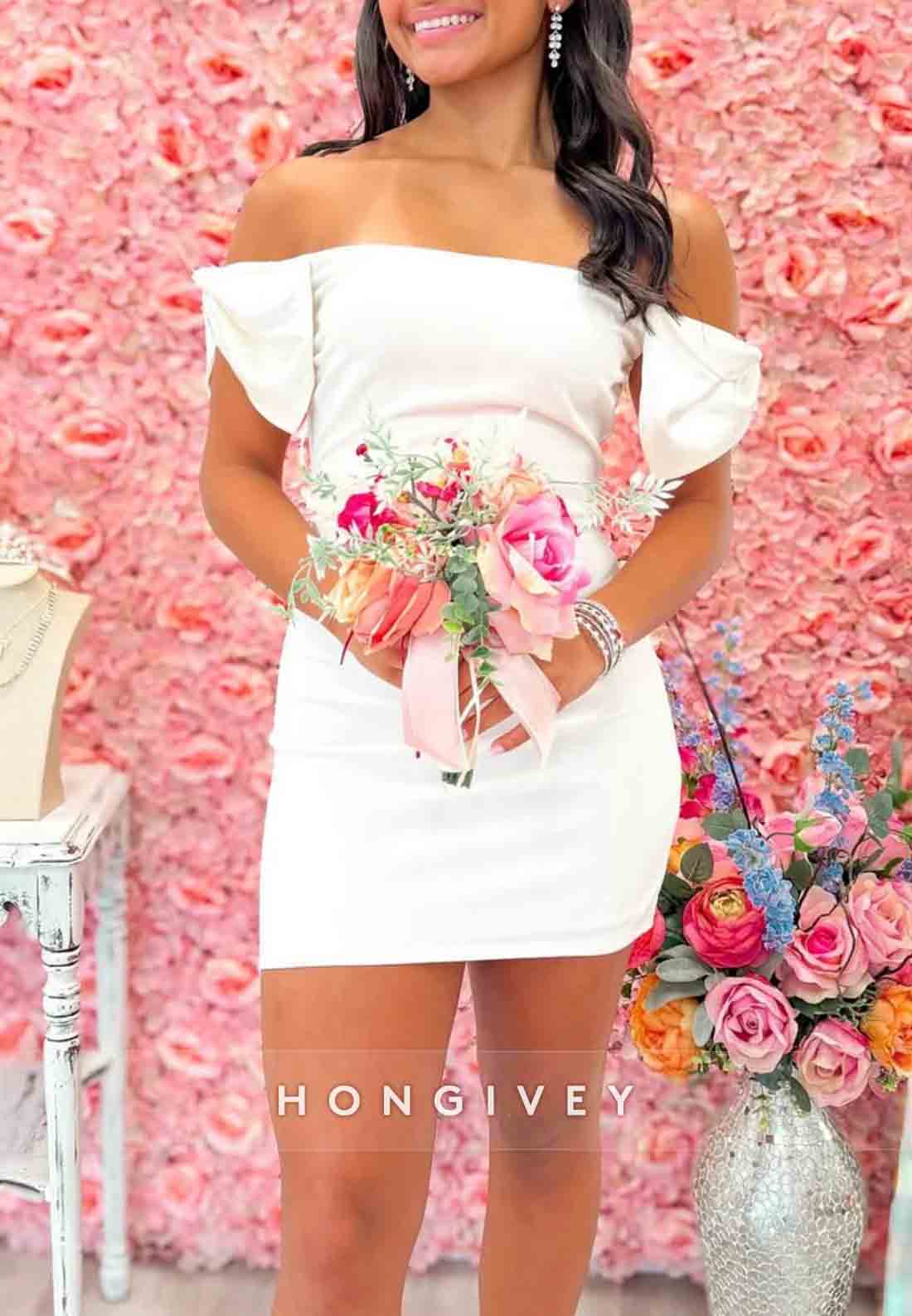 Trendy Sheath Off the Shoulder White Short Homecoming Dress with Bowknot
