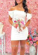 Trendy Sheath Off the Shoulder White Short Homecoming Dress with Bowknot