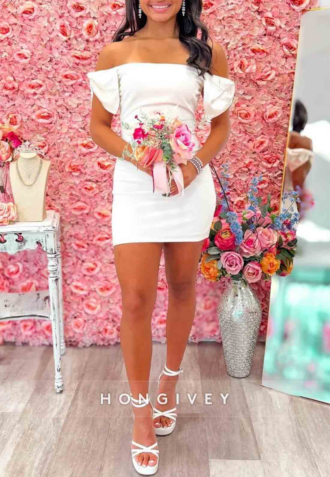 Trendy Sheath Off the Shoulder White Short Homecoming Dress with Bowknot