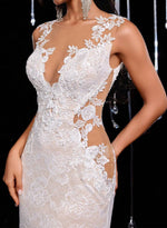 Trumpet Mermaid Illusion Neck Sleeveless Court Train Lace Satin Wedding Bride With Appliques Lace Flower