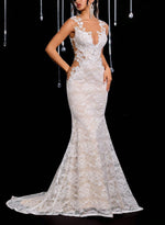 Trumpet Mermaid Illusion Neck Sleeveless Court Train Lace Satin Wedding Bride With Appliques Lace Flower