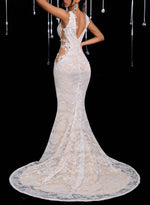 Trumpet Mermaid Illusion Neck Sleeveless Court Train Lace Satin Wedding Bride With Appliques Lace Flower