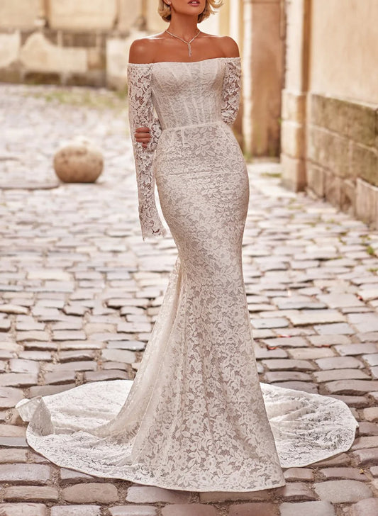 Trumpet Mermaid Off-The-Shoulder Long Sleeves Sweep Train Lace Wedding Dresses