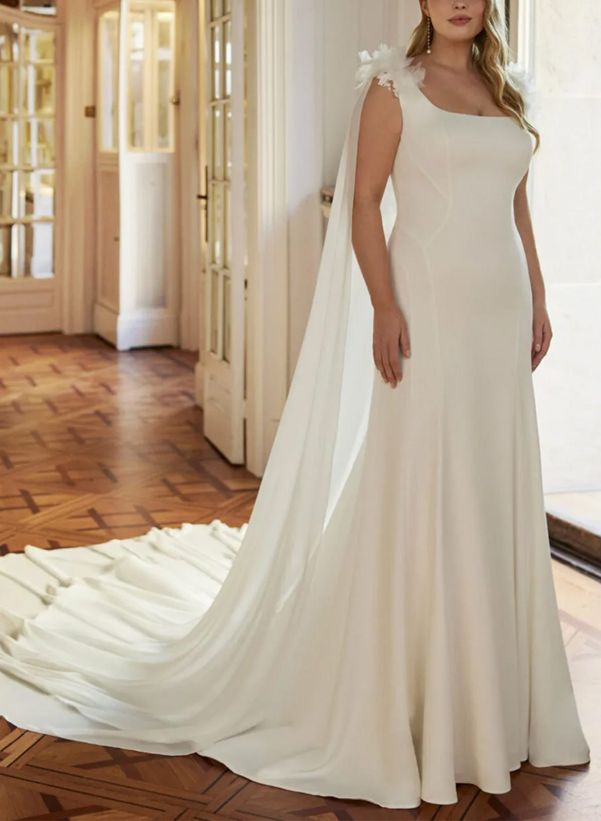 Trumpet Mermaid Square Neck Sleeveless Court Train Wedding Dresses Shawl Floor-Length