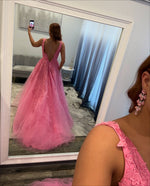 A Line Tulle Appliqued Prom Dresses Long Elegant V Neck Evening Party Gowns for Women