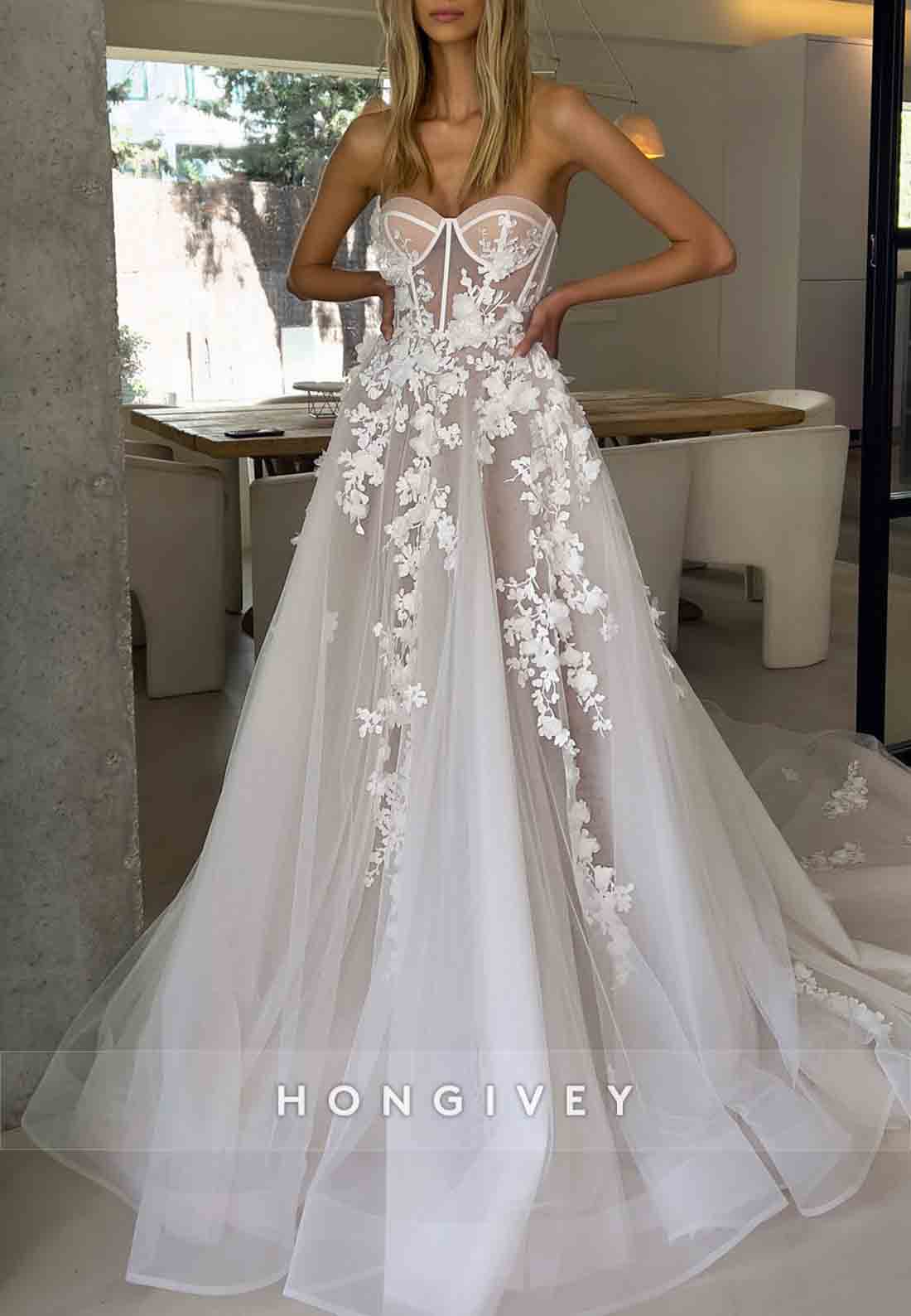3D Floral Sweetheart A-Line Wedding Dress Court Train Sheer Corset Tulle Train