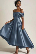 Olive A-Line Off the Shoulder Ruched Satin Long Mother of the Bride Dress