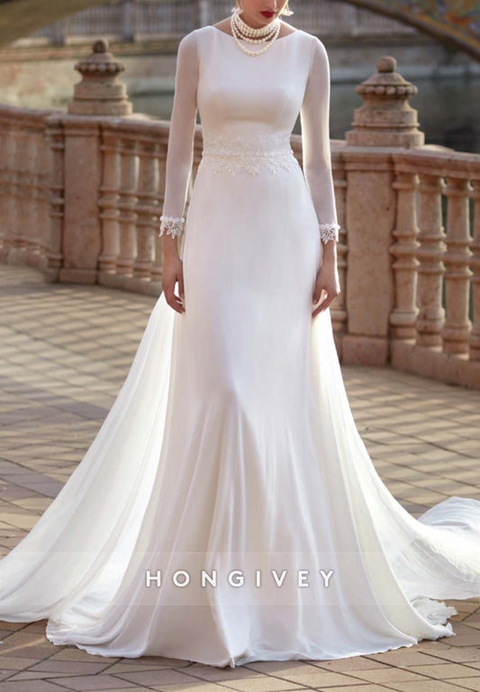 Long Sleeve Pleated Back Hole High Neck Lace A-line Wedding Dresses