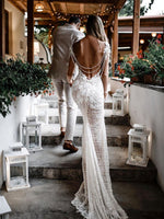 Illusion Neckline Romantic Lace Long Sleeves Boho Wedding Dress Backless