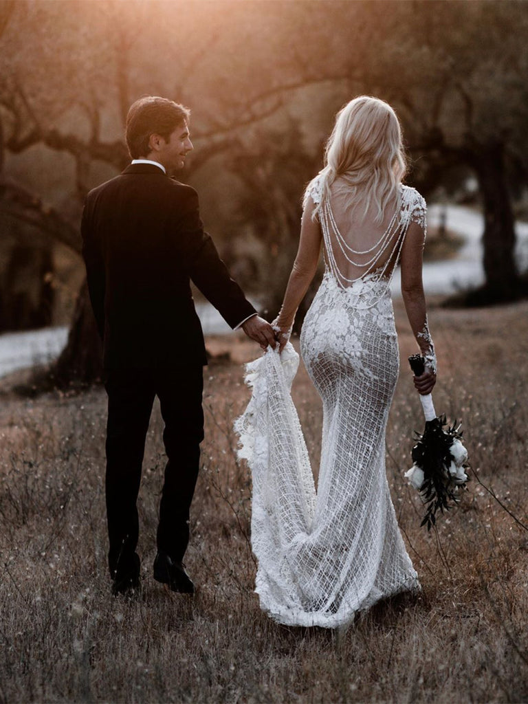 Illusion Neckline Romantic Lace Long Sleeves Boho Wedding Dress Backless