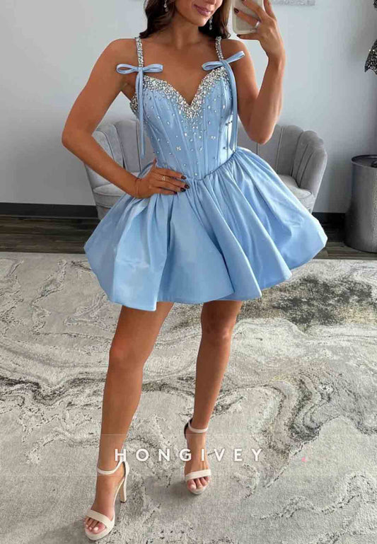 Bowknot Satin V-Neck Pleated Sleeveless Ball Gowns Mini Homecoming Dresses