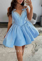 Bowknot Satin V-Neck Pleated Sleeveless Ball Gowns Mini Homecoming Dresses