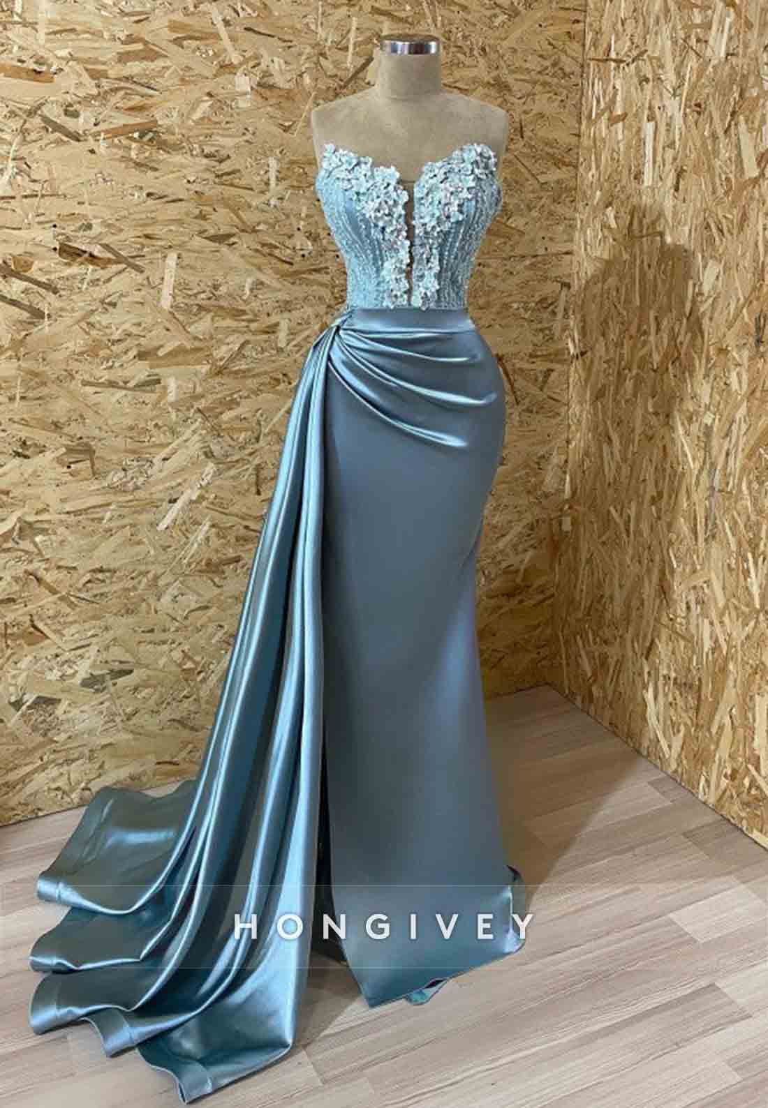 Unique Side Draping Sweetheart Mermaid Prom Dress with Appliques Lace