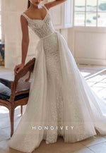 Lace Sleeveless Detachable Trumpet Low Back Wedding Dresses