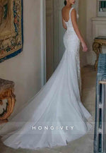 Lace Sleeveless Detachable Trumpet Low Back Wedding Dresses