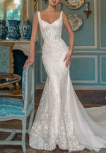 Lace Sleeveless Detachable Trumpet Low Back Wedding Dresses