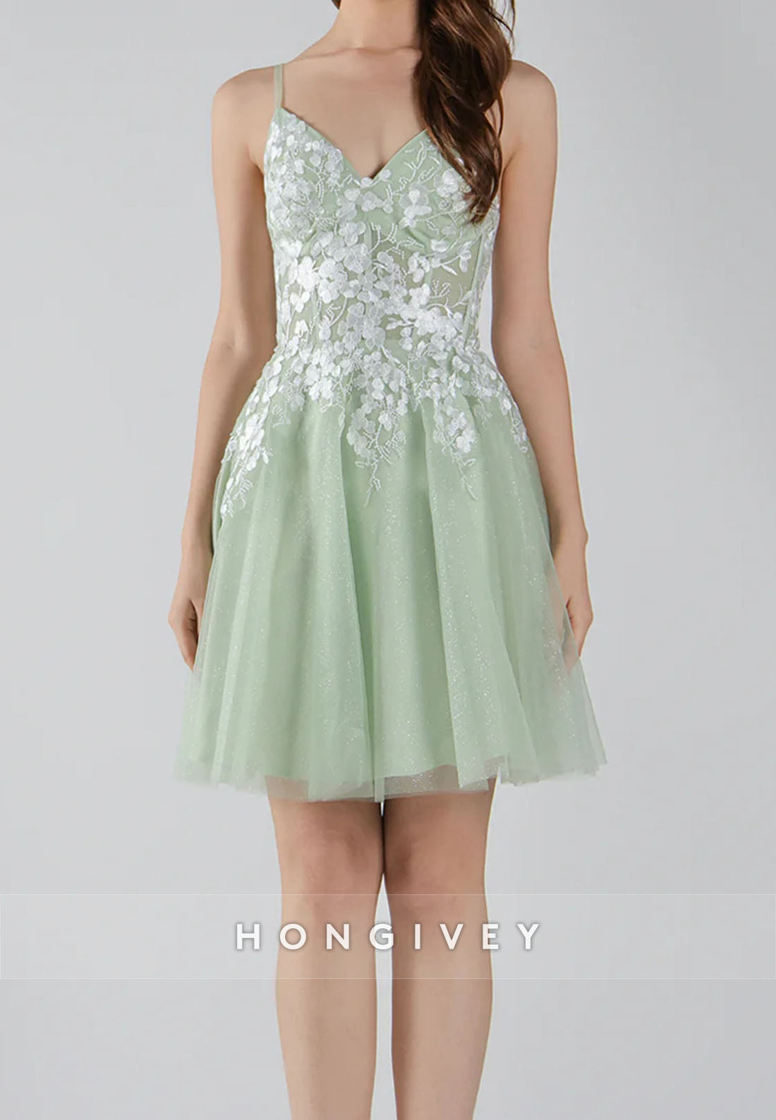 V-Neck Lace Floral Bodice Spaghetti Straps Crisscross Back Mini Homecoming Dresses