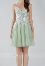 V-Neck Lace Floral Bodice Spaghetti Straps Crisscross Back Mini Homecoming Dresses